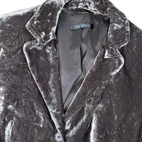 Tahari Grayish Brown Crushed Velvet Blazer Jacket Medium Steampunk Cottage Goth - Picture 2 of 6